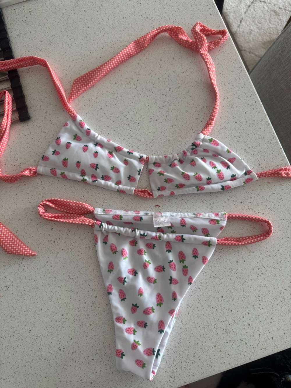 Strawberry milk mob White Strawberry Print Bikini with Coral Tie Straps